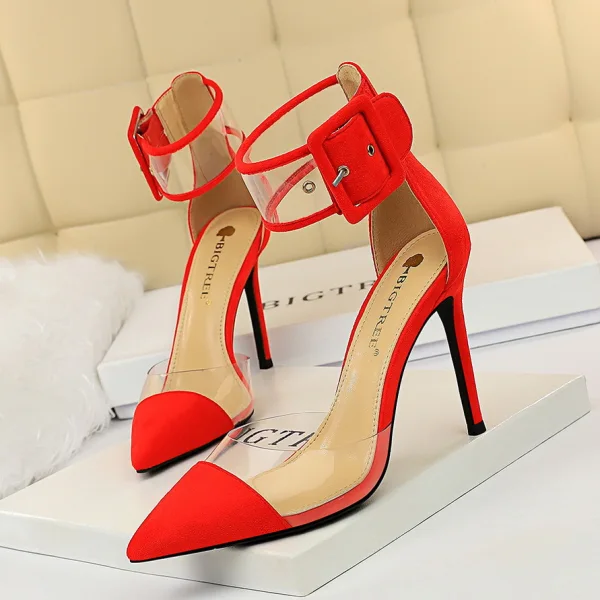 Chic / Belle Noire Désinvolte Daim Sandales Femme 2020 Bride Cheville 10 cm Talons Aiguilles À Bout Pointu Sandales