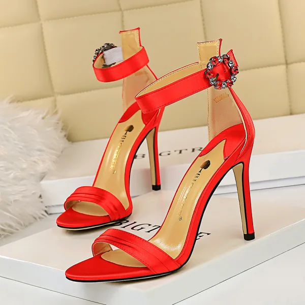 Sexy Argenté Cocktail Sandales Femme 2020 Satin Faux Diamant Bride Cheville 9 cm Talons Aiguilles Peep Toes / Bout Ouvert Sandales