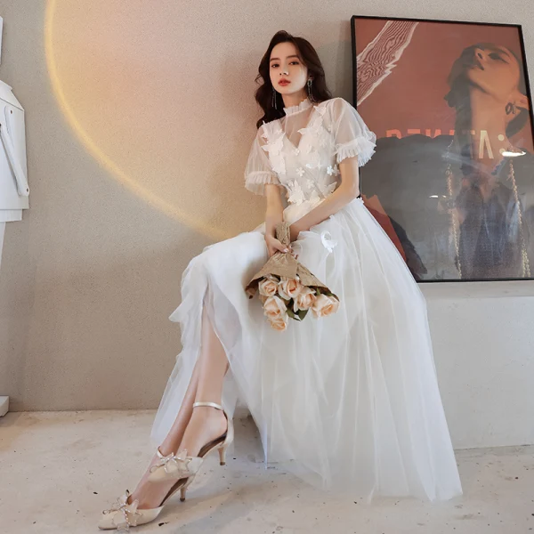 Modern / Fashion Ivory Homecoming Evening Dresses Graduation Dresses 2021 A-Line / Princess High Neck Lace Butterfly Ruffle Short Sleeve Floor-Length / Long Prom Formal Dresses
