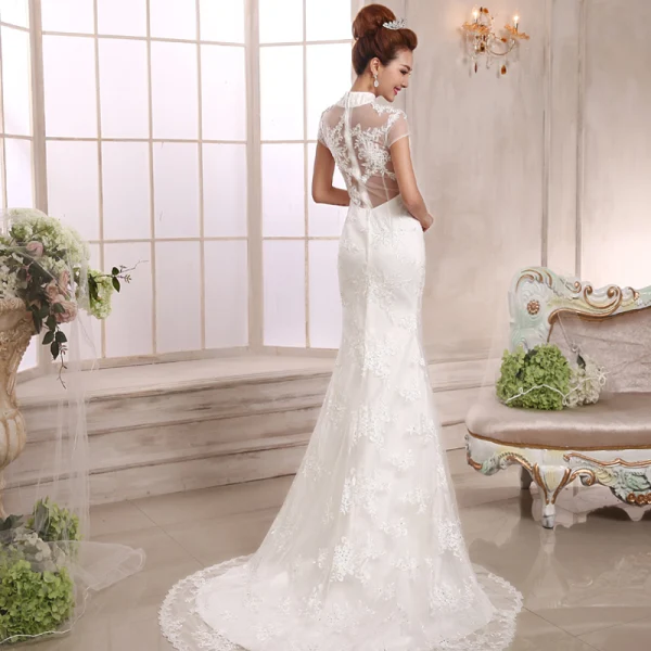 Style Chinois Rouge Robe De Soirée 2018 Trompette / Sirène Appliques En Dentelle Paillettes Col Haut Manches Courtes Train De Balayage Robe De Ceremonie