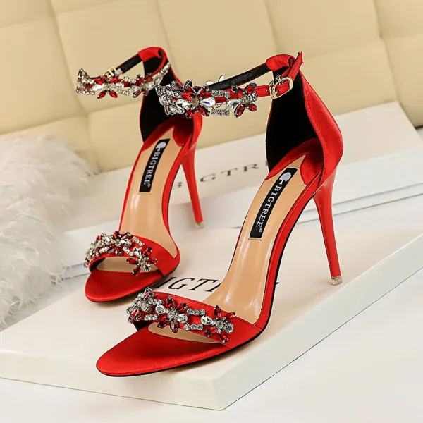 Sexy Dark Green Evening Party Womens Sandals 2020 Rhinestone Ankle Strap 9 cm Stiletto Heels Open / Peep Toe Sandals