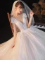 Charming Champagne Wedding Dresses 2020 Ball Gown See-through V-Neck Beading Star Sequins Lace Flower Short Sleeve Backless Royal Train