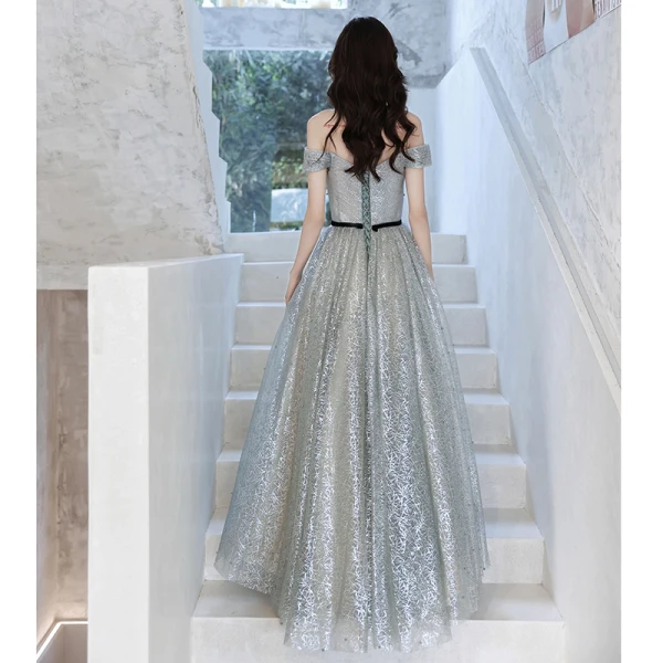 Sparkly Silver Glitter Sequins Prom Dresses 2021 A-Line Princess Off-The-Shoulder Pearl