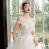 Luxury / Gorgeous Charming Champagne Wedding Dresses 2020 A-Line / Princess Ruffle Off-The-Shoulder Beading Backless Rhinestone Sequins Sleeveless Court Train