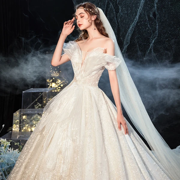 Luxury / Gorgeous Charming Champagne Wedding Dresses 2020 Ball Gown Ruffle Strapless Lace Sequins Short Sleeve Backless Royal Train