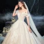 Luxury / Gorgeous Charming Champagne Wedding Dresses 2020 Ball Gown Ruffle Strapless Lace Sequins Short Sleeve Backless Royal Train