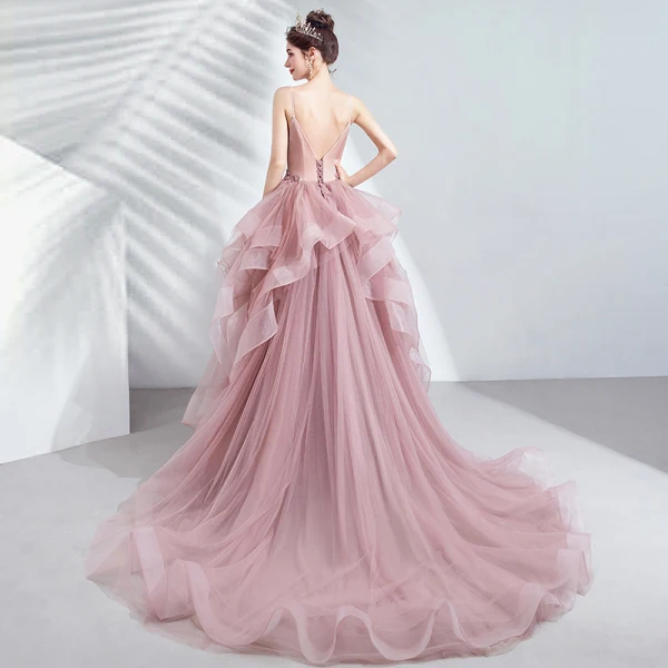 Chic / Beautiful Blushing Pink Cascading Ruffles Prom Dresses 2020 Ball Gown Spaghetti Straps Beading Lace Flower Sleeveless Backless Court Train Formal Dresses