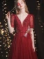 Chic / Beautiful Burgundy Glitter Prom Dresses 2021 A-Line / Princess V-Neck Beading Rhinestone Sequins Short Sleeve Backless Floor-Length / Long Formal Dresses