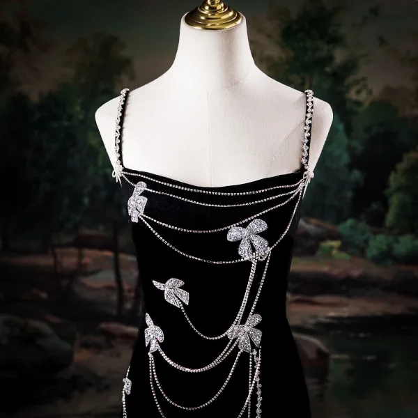 Sexy Noire Faux Diamant Noeud Fendue devant Robe De Soirée 2025 Princesse Bretelles Spaghetti Sans Manches Dos Nu Longue Soirée Robe De Ceremonie