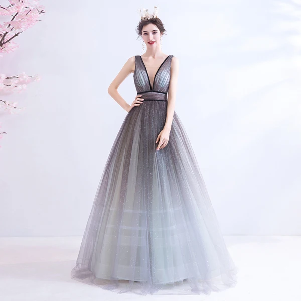 Sexy Silver Grey Evening Dresses 2020 A-Line / Princess Backless V-Neck Sleeveless Sequins Floor-Length / Long Formal Dresses