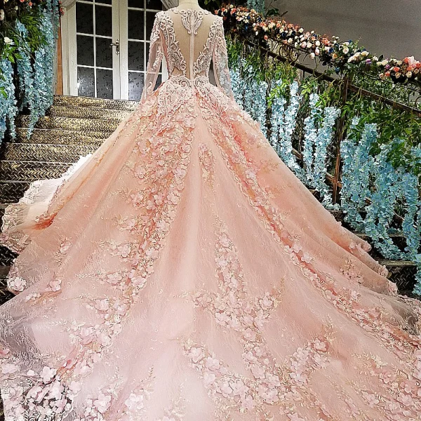 Lyx Pärla Rosa Bröllopsklänningar 2018 Balklänning Spets Blomma Appliqués Beading Rhinestone Urringning Långärmad Cathedral Train Bröllop