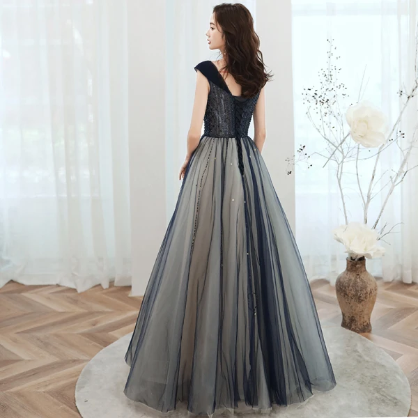 Elegant Navy Blue Prom Dresses 2020 A-Line / Princess V-Neck Beading Star Sequins Sleeveless Backless Floor-Length / Long Formal Dresses