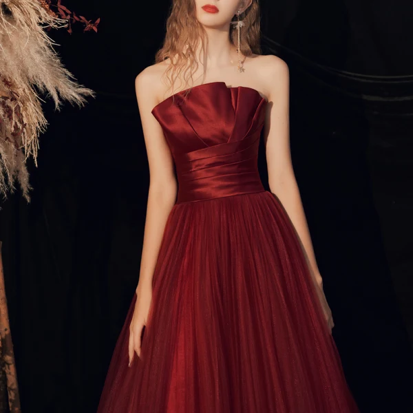 Chic / Belle Bordeaux Robe De Bal 2020 Princesse Bustier Sans Manches Dos Nu Longue Robe De Ceremonie
