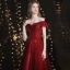 Charming Burgundy Prom Dresses 2021 A-Line / Princess Off-The-Shoulder Beading Sequins Short Sleeve Backless Floor-Length / Long Formal Dresses