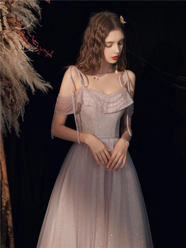 Charming Blushing Pink Glitter Prom Dresses 2020 A-Line / Princess Spaghetti Straps Beading Sequins Sleeveless Backless Floor-Length / Long Formal Dresses