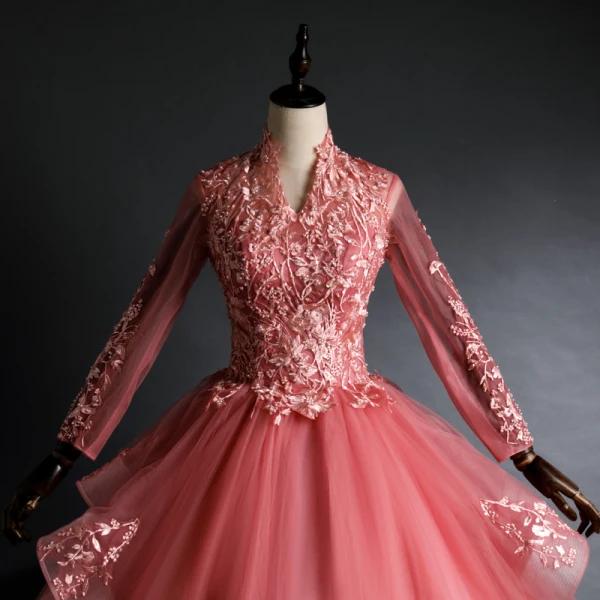 Chic / Belle Rose Bonbon Quinceañera Robe De Bal 2020 Robe Boule V-Cou Perlage Paillettes En Dentelle Fleur Manches Longues Dos Nu Longue Robe De Ceremonie