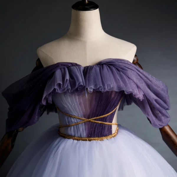 Elegant Purple Quinceañera Prom Dresses 2020 Ball Gown Off-The-Shoulder Glitter Beading Short Sleeve Backless Floor-Length / Long Formal Dresses