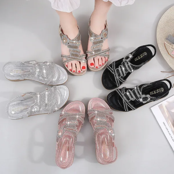 Fashion Summer Gold Street Wear Flat Womens Sandals 2020 Rhinestone Open / Peep Toe Sandals