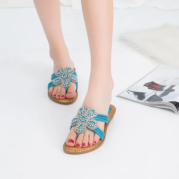 Chic / Beautiful Summer Black Casual Flat Womens Sandals 2020 Pearl Rhinestone Open / Peep Toe Sandals