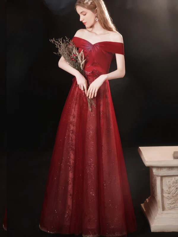 Charming Burgundy Prom Dresses 2021 A-Line / Princess Off-The-Shoulder Beading Rhinestone Sequins Sleeveless Backless Floor-Length / Long Prom Formal Dresses