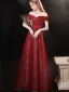 Charming Burgundy Prom Dresses 2021 A-Line / Princess Off-The-Shoulder Beading Rhinestone Sequins Sleeveless Backless Floor-Length / Long Prom Formal Dresses