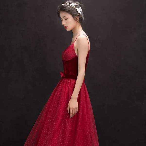 Lovely Burgundy Homecoming Graduation Dresses 2018 A-Line / Princess Suede Bow Spaghetti Straps Backless Sleeveless Tea-length Formal Dresses