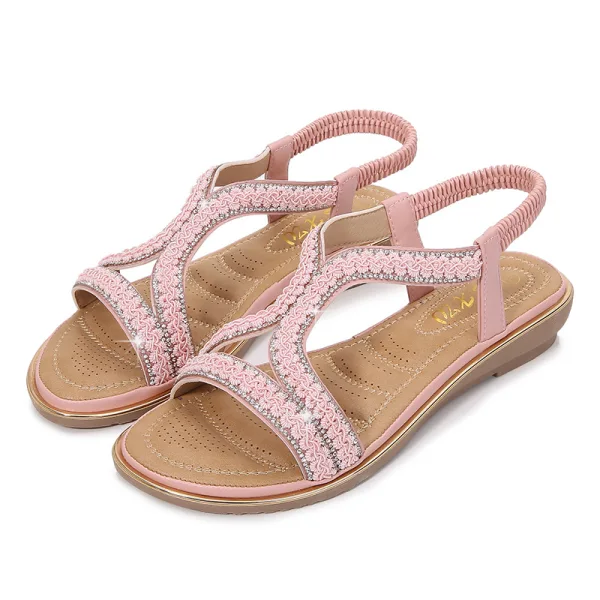 Snygga / Fina Svarta Casual Platt Sandaler Dam 2020 Rhinestone Peep Toe Sandaler