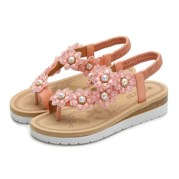 Chic / Beautiful Black Beach Womens Sandals 2020 Rhinestone Pearl Lace Flower Open / Peep Toe Sandals