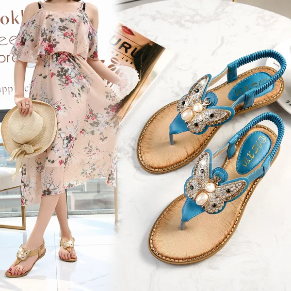 Charming Summer White Beach Flat Womens Shoes 2020 Rhinestone Pearl Butterfly Open / Peep Toe Sandals