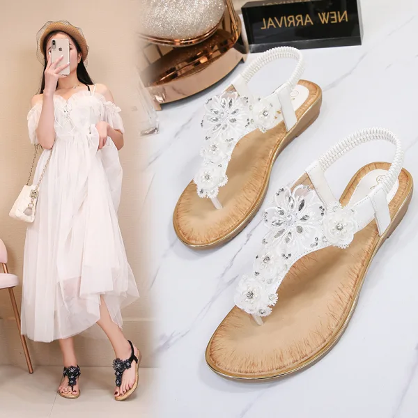 Charmant Jaune Désinvolte Sandales Femme 2020 En Dentelle Fleur Cristal Faux Diamant Perle Peep Toes / Bout Ouvert Plate Sandales