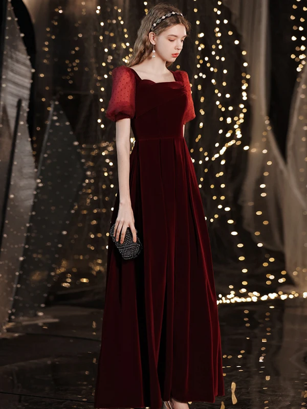 Modest / Simple Burgundy Suede Evening Dresses  2021 A-Line / Princess Square Neckline Short Sleeve Backless Floor-Length / Long Evening Party Formal Dresses
