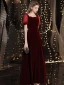 Modest / Simple Burgundy Suede Evening Dresses  2021 A-Line / Princess Square Neckline Short Sleeve Backless Floor-Length / Long Evening Party Formal Dresses