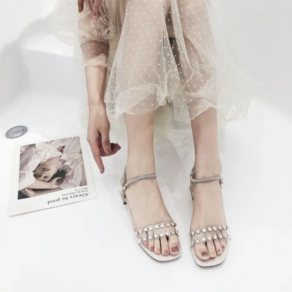 Mode Aprikos / Beige Casual Sandaler Dam 2020 Ankelband Rhinestone 5 cm Tjocka Klackar Peep Toe Sandaler