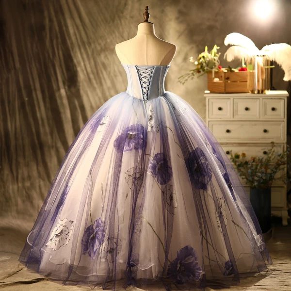 Chic / Beautiful Flower Fairy Purple Glitter Prom Dresses 2021 Ball Gown Strapless Beading Lace Flower Sleeveless Backless Floor-Length / Long Prom
