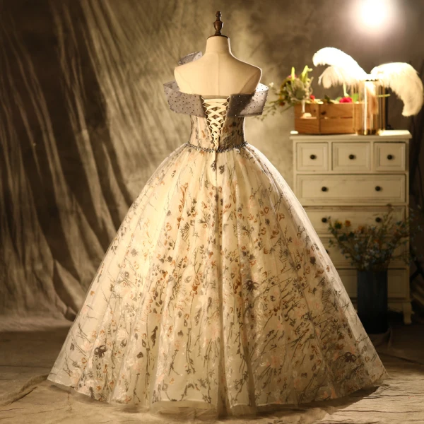 Elegant Prom Dresses 2021 Ball Gown Off-The-Shoulder Bow Beading Lace Flower Sleeveless Backless Floor-Length / Long Prom Formal Dresses