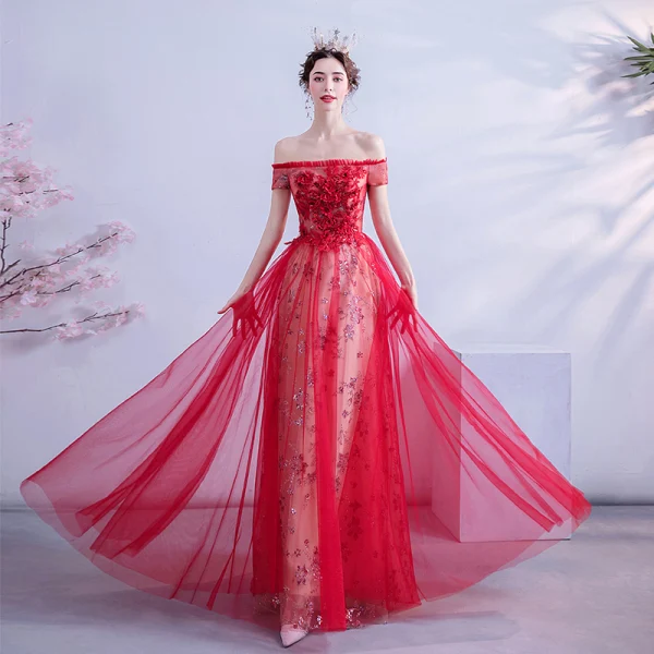 Charming Red Evening Dresses Crossed Straps A-Line / Princess Off-The-Shoulder Sequins Lace Flower Short Sleeve Backless Floor-Length / Long Formal Dresses