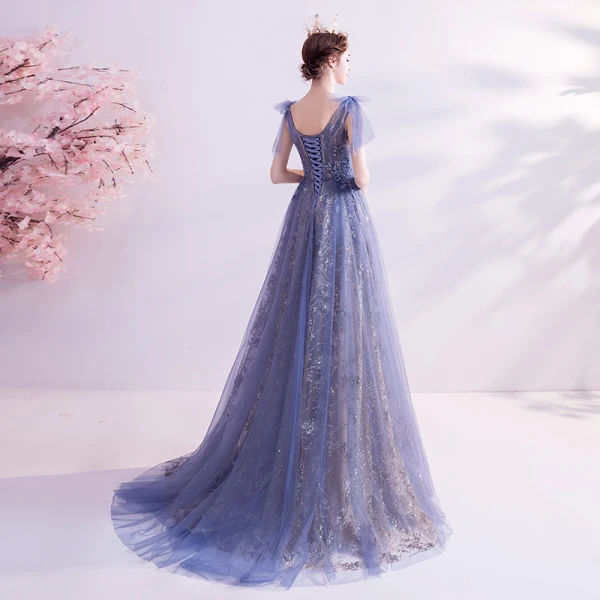 Charming Ocean Blue Evening Dresses 2020 A-Line / Princess V-Neck Beading Rhinestone Lace Flower Sleeveless Backless Floor-Length / Long Formal Dresses