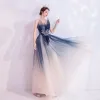 Chic / Belle Bleu Marine Robe De Soirée 2020 Princesse Bustier Perlage Paillettes En Dentelle Fleur Sans Manches Dos Nu Longue Robe De Ceremonie