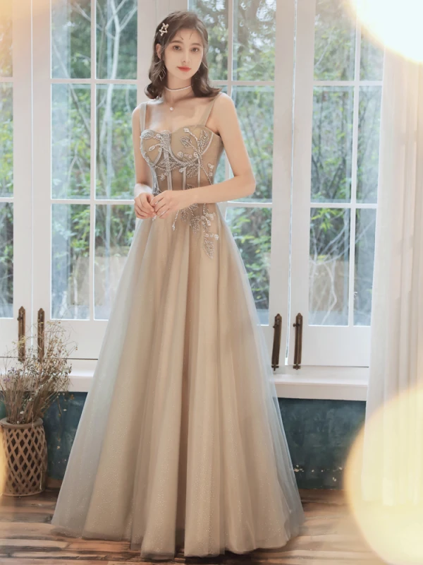 Elegant Champagne Evening Dresses 2020 A-Line / Princess Square Neckline  Beading Sequins Sleeveless Backless Floor-Length /