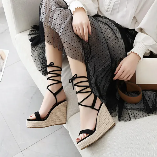 Chic / Belle Noire Désinvolte Tresser Sandales Femme 2020 Bride Cheville 11 cm Compensées Plateforme Peep Toes / Bout Ouvert Sandales