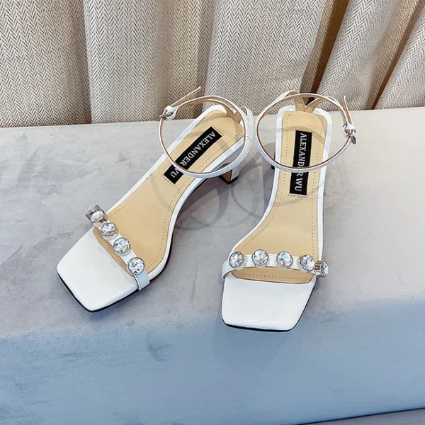 Fashion Champagne Evening Party Leather Womens Sandals 2020 Rhinestone Ankle Strap 6 cm Thick Heels Open / Peep Toe Sandals