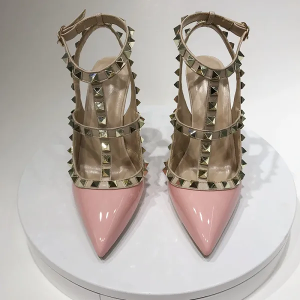 Sexy Blushing Pink Evening Party Rivet Womens Sandals 2020 10 cm Stiletto Heels Pointed Toe Sandals