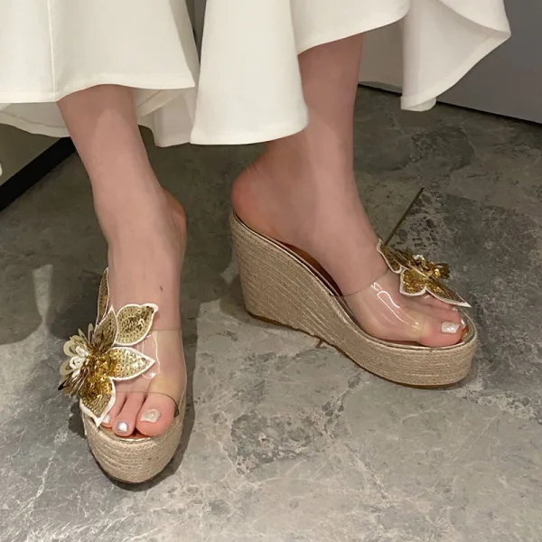 Chic / Beautiful Silver Outdoor / Garden Womens Sandals 2020 Pearl Rhinestone Sequins 11 cm Wedges Platform Open / Peep Toe Sandals