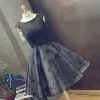Chiński Styl Czarne Sukienki Koktajlowe 2018 Suknia Balowa Z Koronki Kwiat Wycięciem Bez Rękawów Krótkie Sukienki Wizytowe