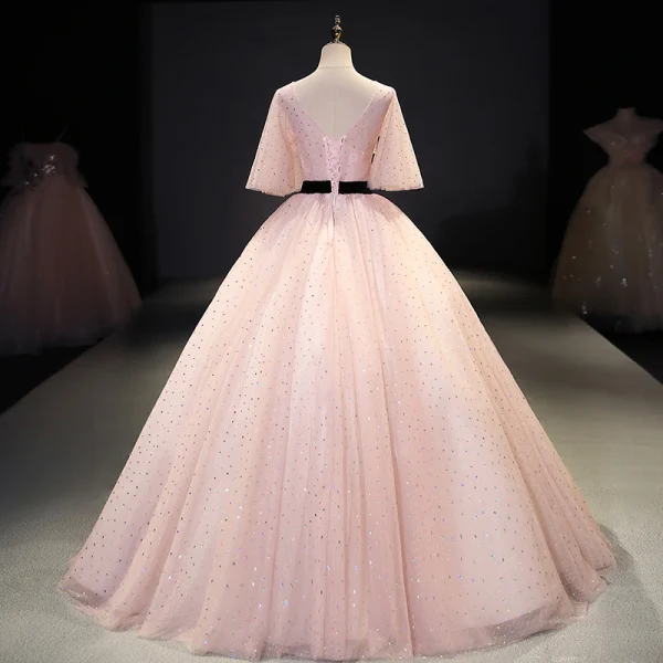 Chic / Beautiful Blushing Pink Prom Dresses 2021 Ball Gown V-Neck Rhinestone Lace Flower Sash Short Sleeve Backless Floor-Length / Long Prom Formal Dresses