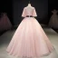 Chic / Beautiful Blushing Pink Prom Dresses 2021 Ball Gown V-Neck Rhinestone Lace Flower Sash Short Sleeve Backless Floor-Length / Long Prom Formal Dresses