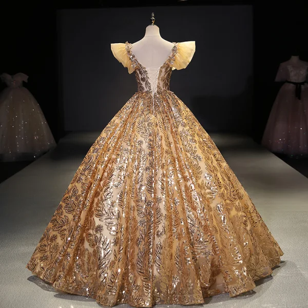 Sparkly Gold Glitter Prom Dresses 2021 Ball Gown Scoop Neck Sequins Sleeveless Backless Sparkly Gold Glitter Prom Dresses 2021 Ball Gown Scoop Neck Sequins Sleeveless Backless
