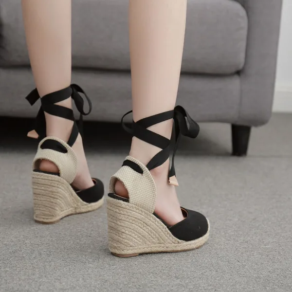 Chic / Belle Noire Vêtement de rue Tresser Sandales Femme 2020 Bride Cheville 10 cm Compensées Plateforme À Bout Rond Sandales