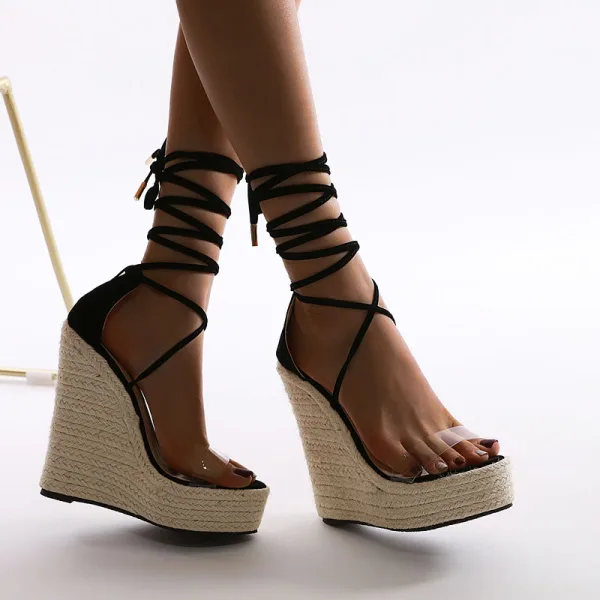 Chic / Belle Noire Désinvolte Sandales Femme 2020 Bride Cheville 15 cm Compensées Plateforme Peep Toes / Bout Ouvert Sandales
