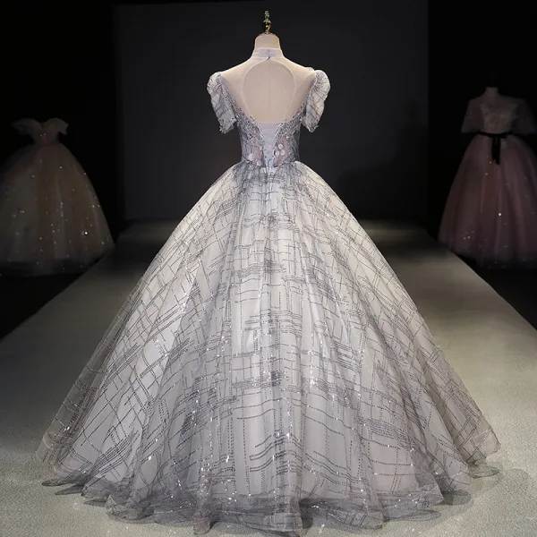 Charming Silver Prom Dresses 2021 Ball Gown High Neck Beading Pearl Sequins Lace Flower Short Sleeve Backless Floor-Length / Long Prom Formal Dresses